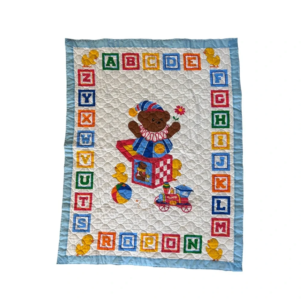 Vintage Baby Quilt Blanket Satin Trim Alphabet Teddy Bear Train Nursery‎ 34x44